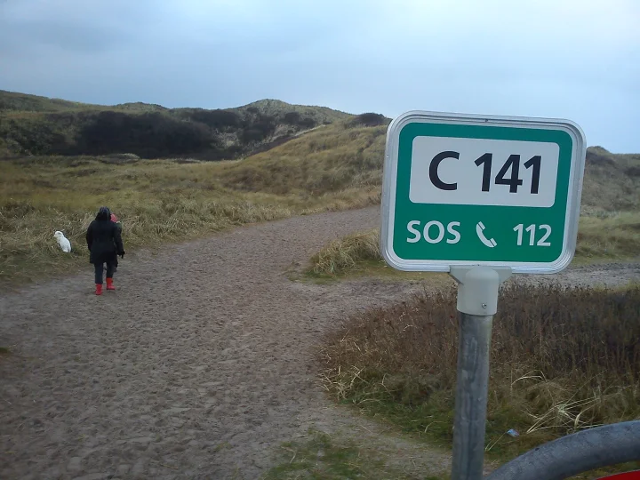 A person and a white dog on a gravel path by a trail marker · Dog photo — Pictures of Dog